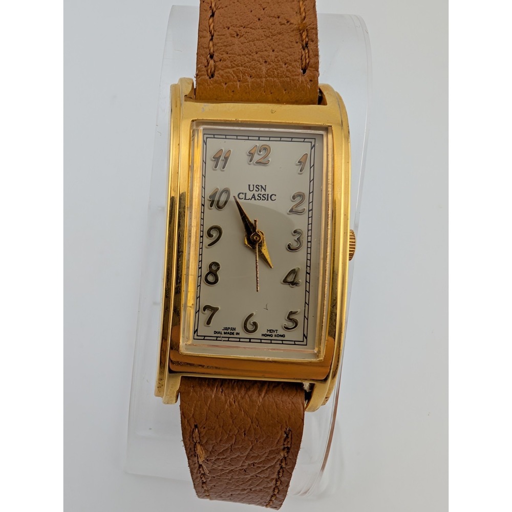 Vintage USN Classic Tank Watch Women 20mm Gold Case Leather Band- New Battery